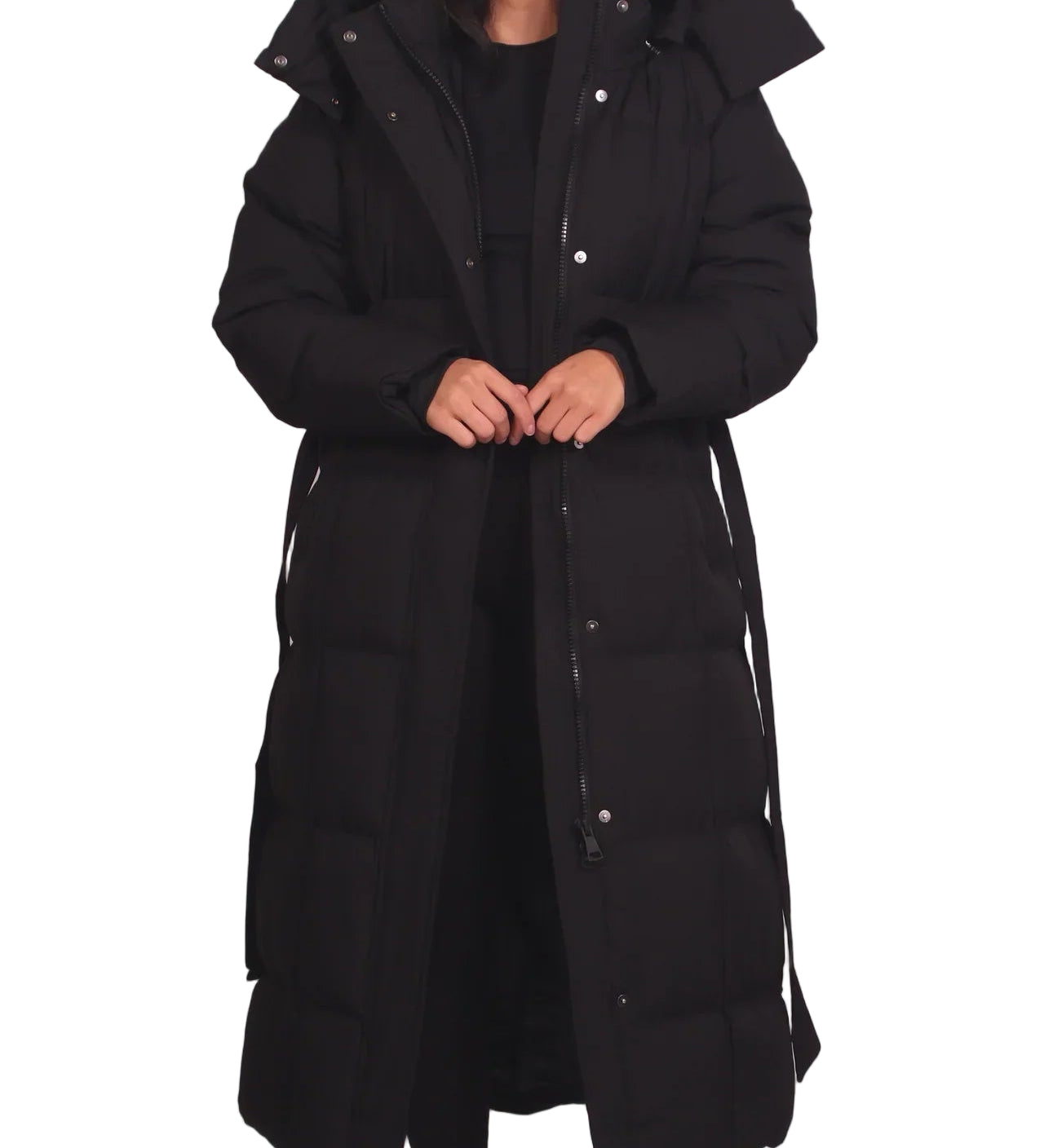 CARMEN™ – LANG VINTERJAKKE MED BÆLTE OG PUFFER-DESIGN