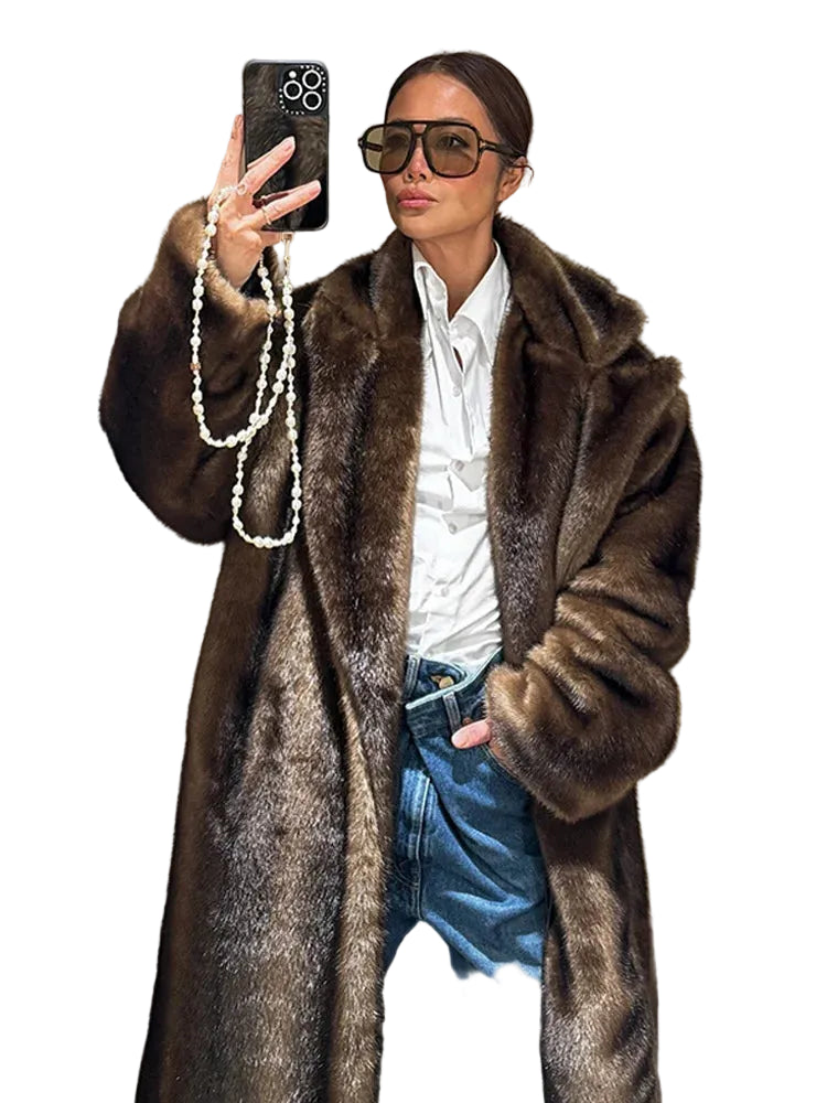 Casaco de lã de peito único feminino, sobretudo longo de peles artificiais, casaco de pelúcia quente, marrom escuro, inverno, novo, 2023