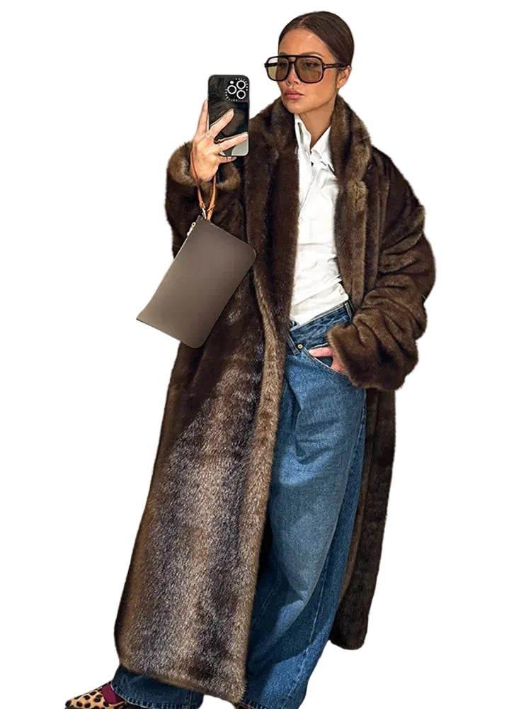 Casaco de lã de peito único feminino, sobretudo longo de peles artificiais, casaco de pelúcia quente, marrom escuro, inverno, novo, 2023