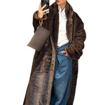 Casaco de lã de peito único feminino, sobretudo longo de peles artificiais, casaco de pelúcia quente, marrom escuro, inverno, novo, 2023