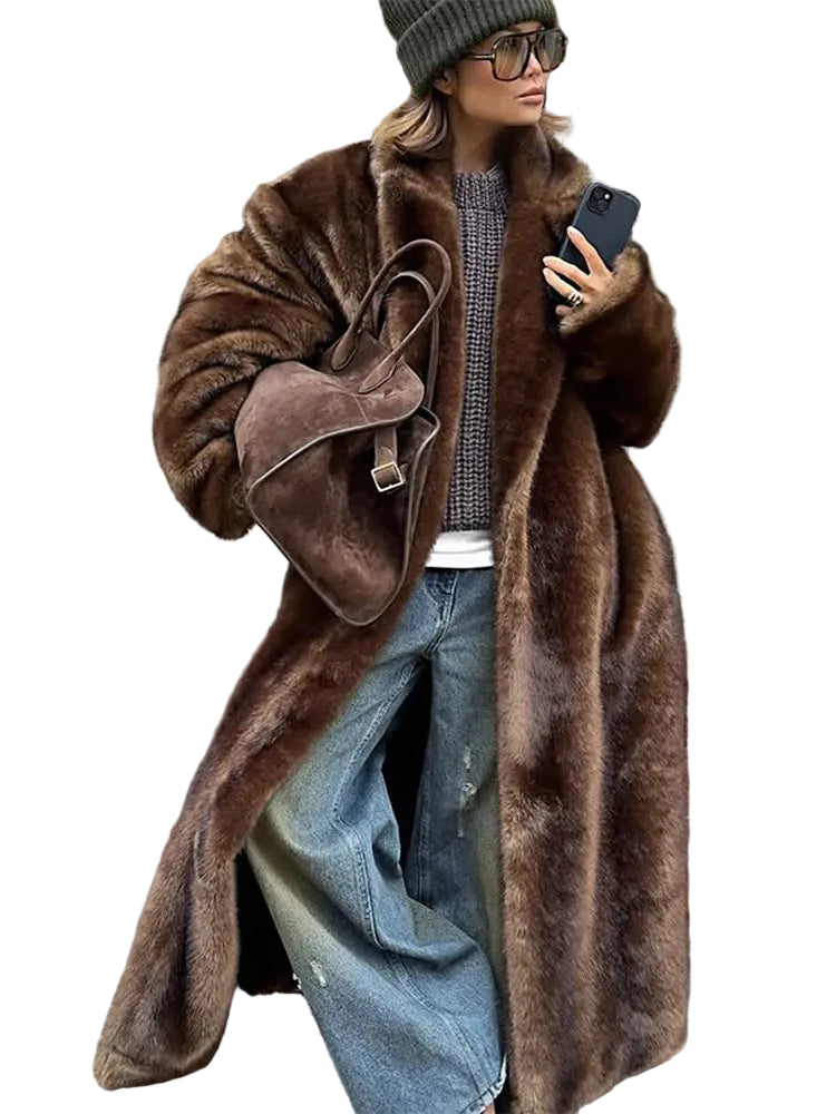 Casaco de lã de peito único feminino, sobretudo longo de peles artificiais, casaco de pelúcia quente, marrom escuro, inverno, novo, 2023